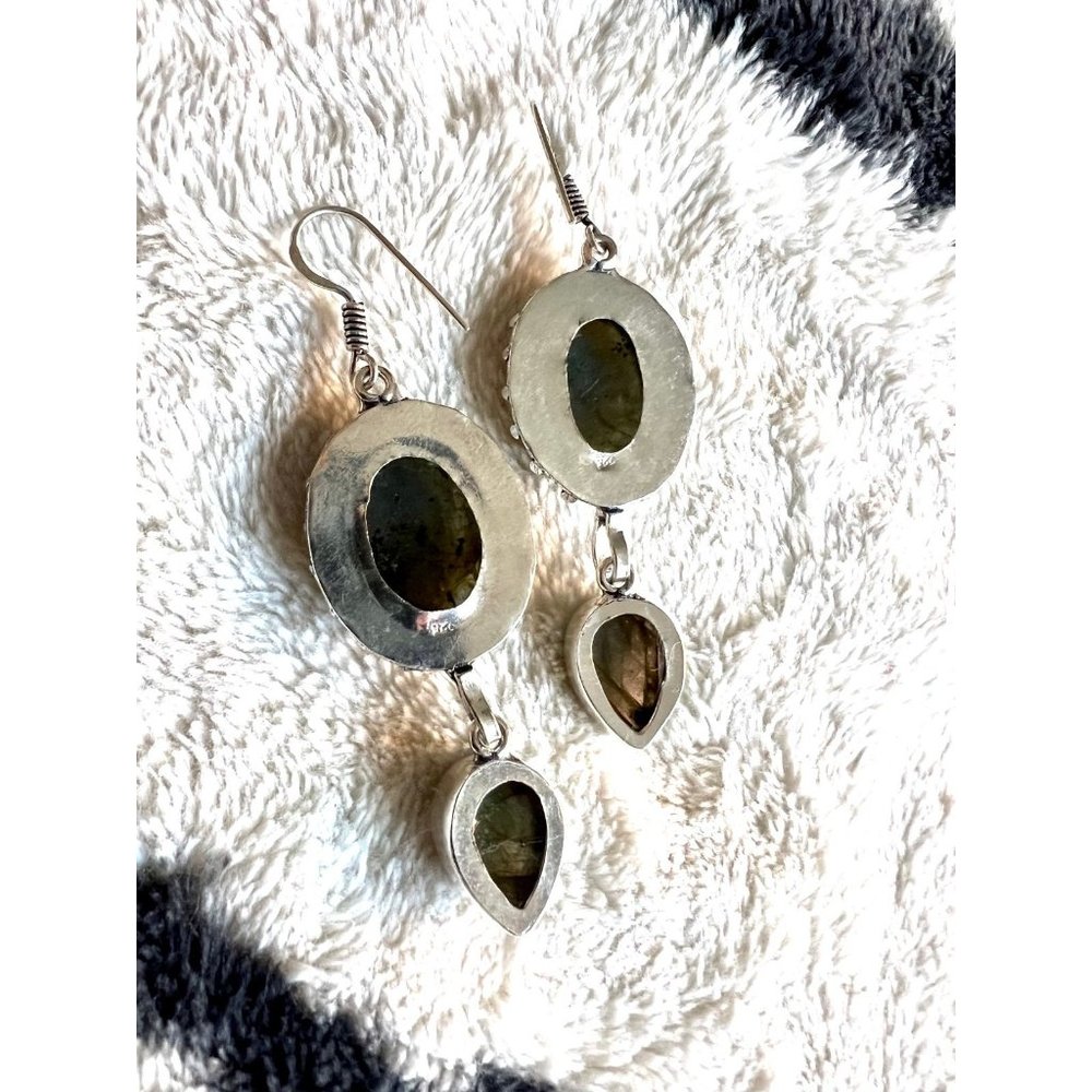 925 Vintage Style Flash Labradorite Earrings - Picture 3 of 4